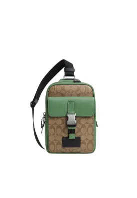 ( AS IS ) Coach Track Pack Crossbody bag In Colorblock Signature Canvas In Khaki Soft Green CR268