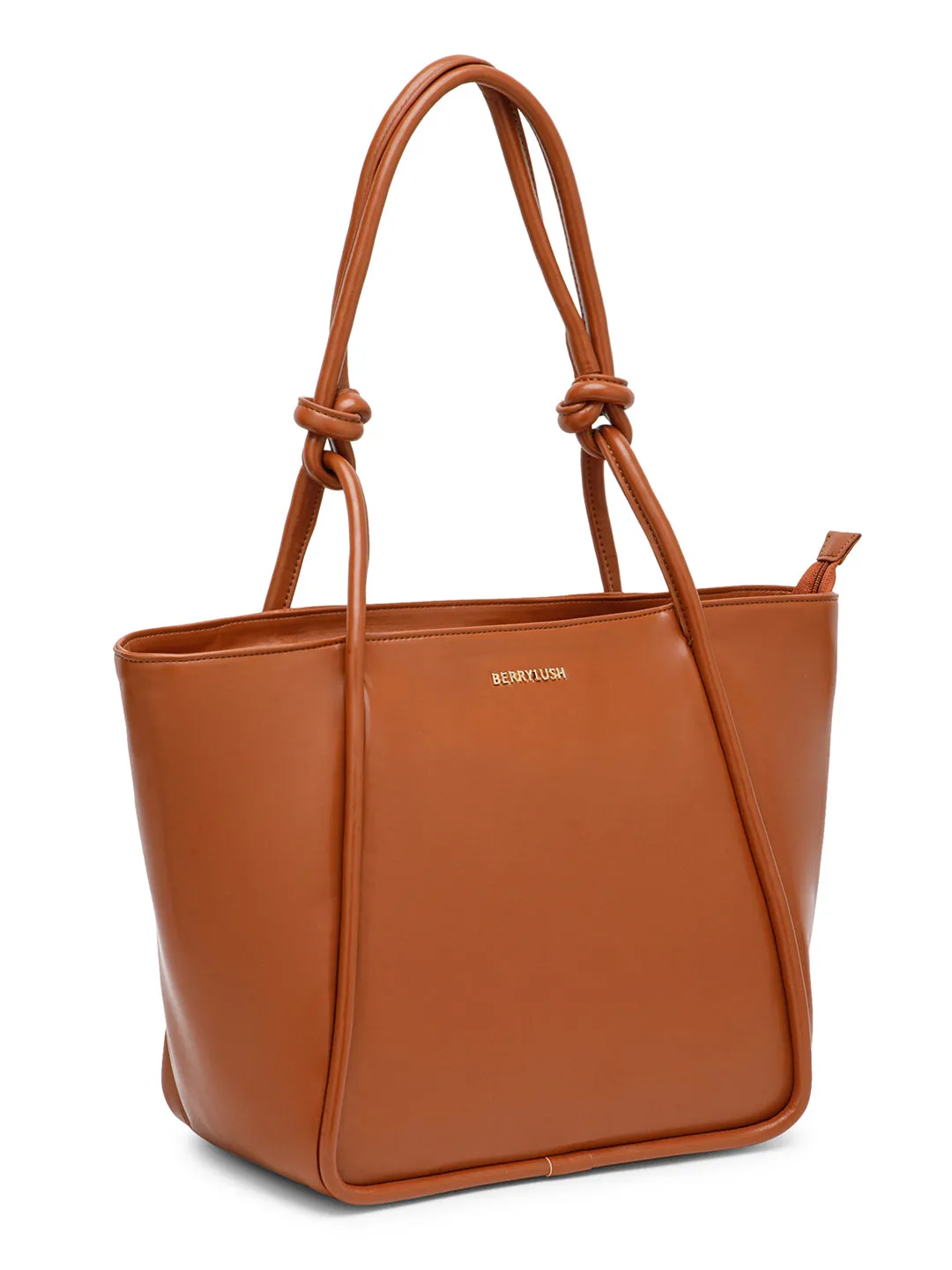 Berrylush Women Solid Brown Synthetic Leather Zipper-Up Knot Oversized Tote Bag