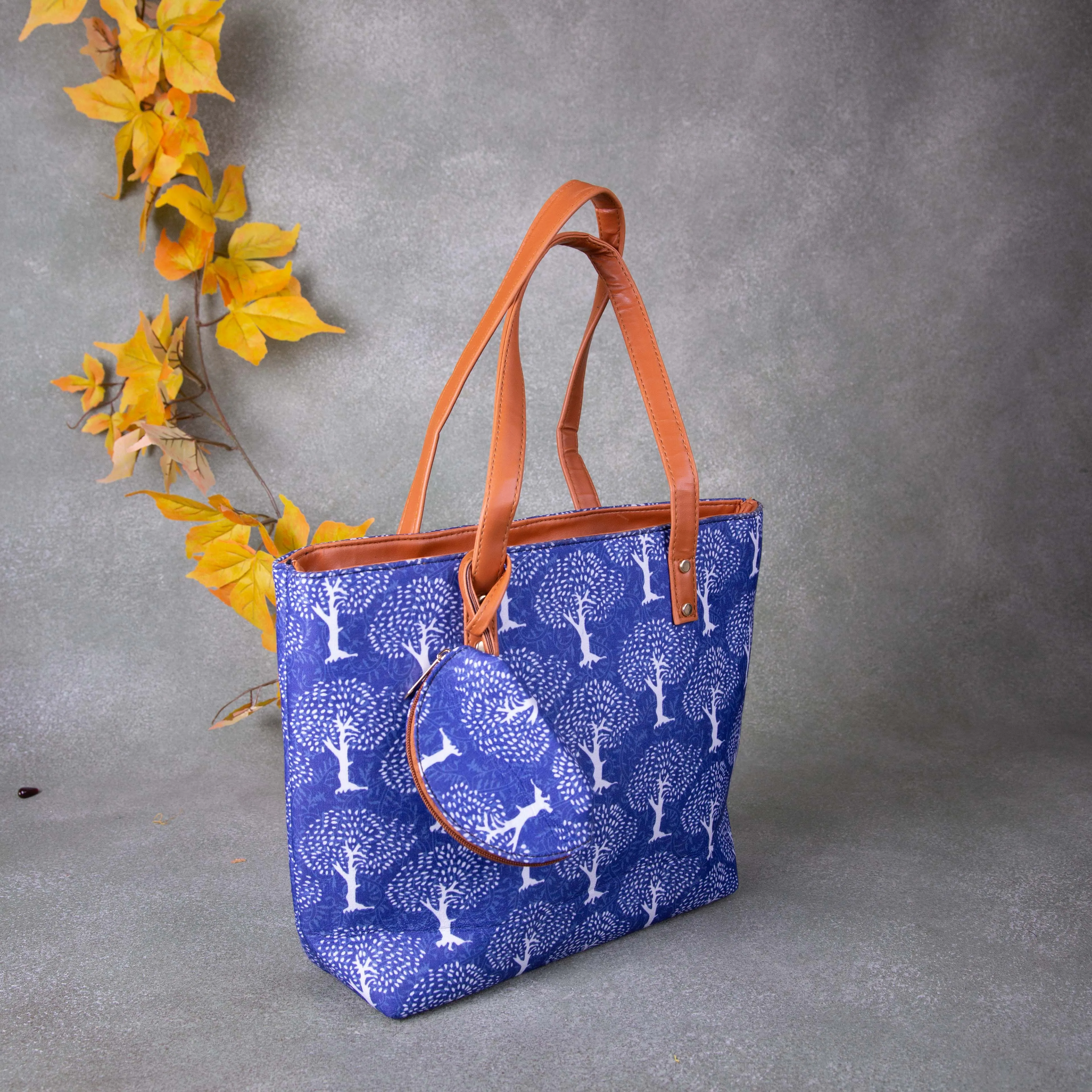 Double Zippered Tote Blue Colour with White Tree Design.