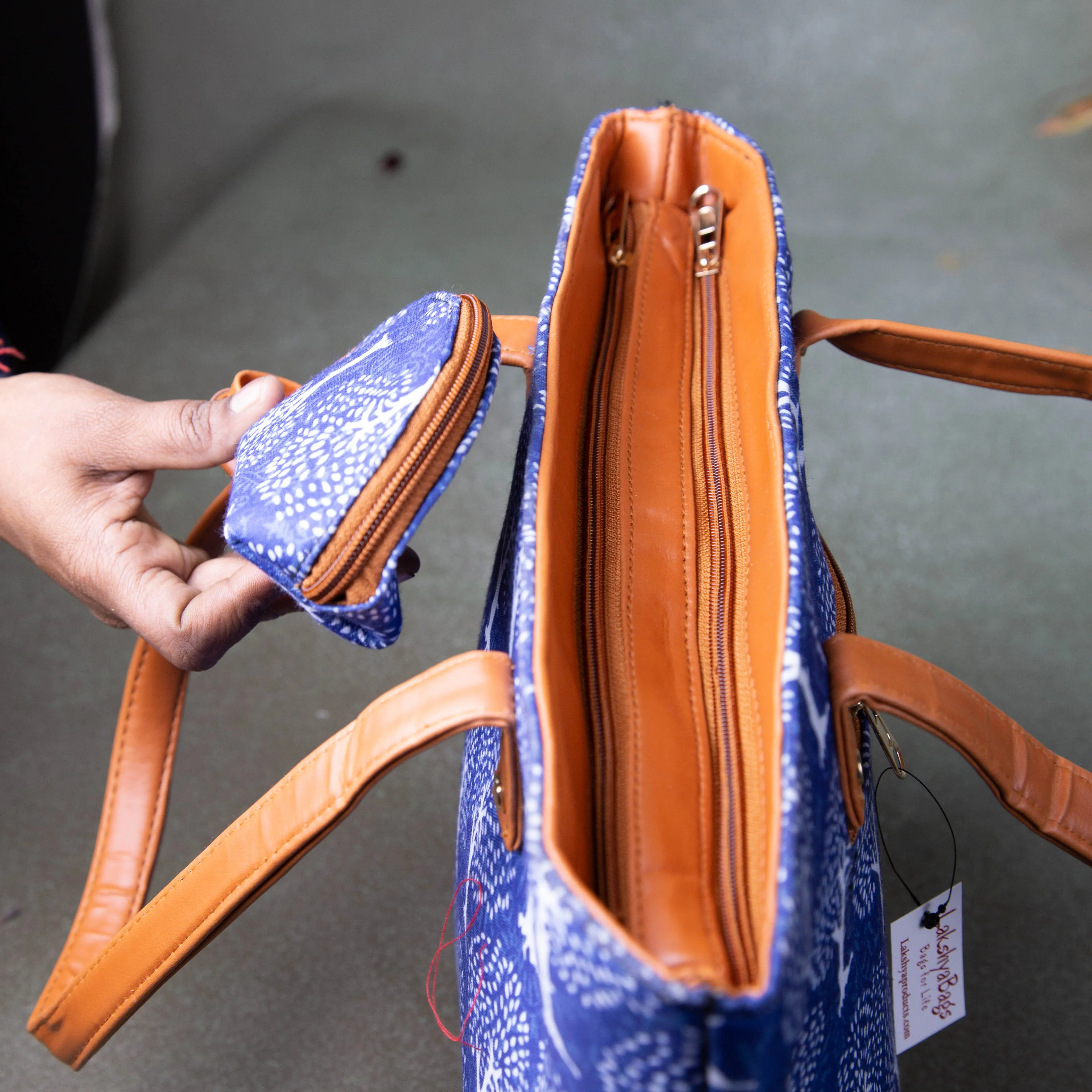 Double Zippered Tote Blue Colour with White Tree Design.