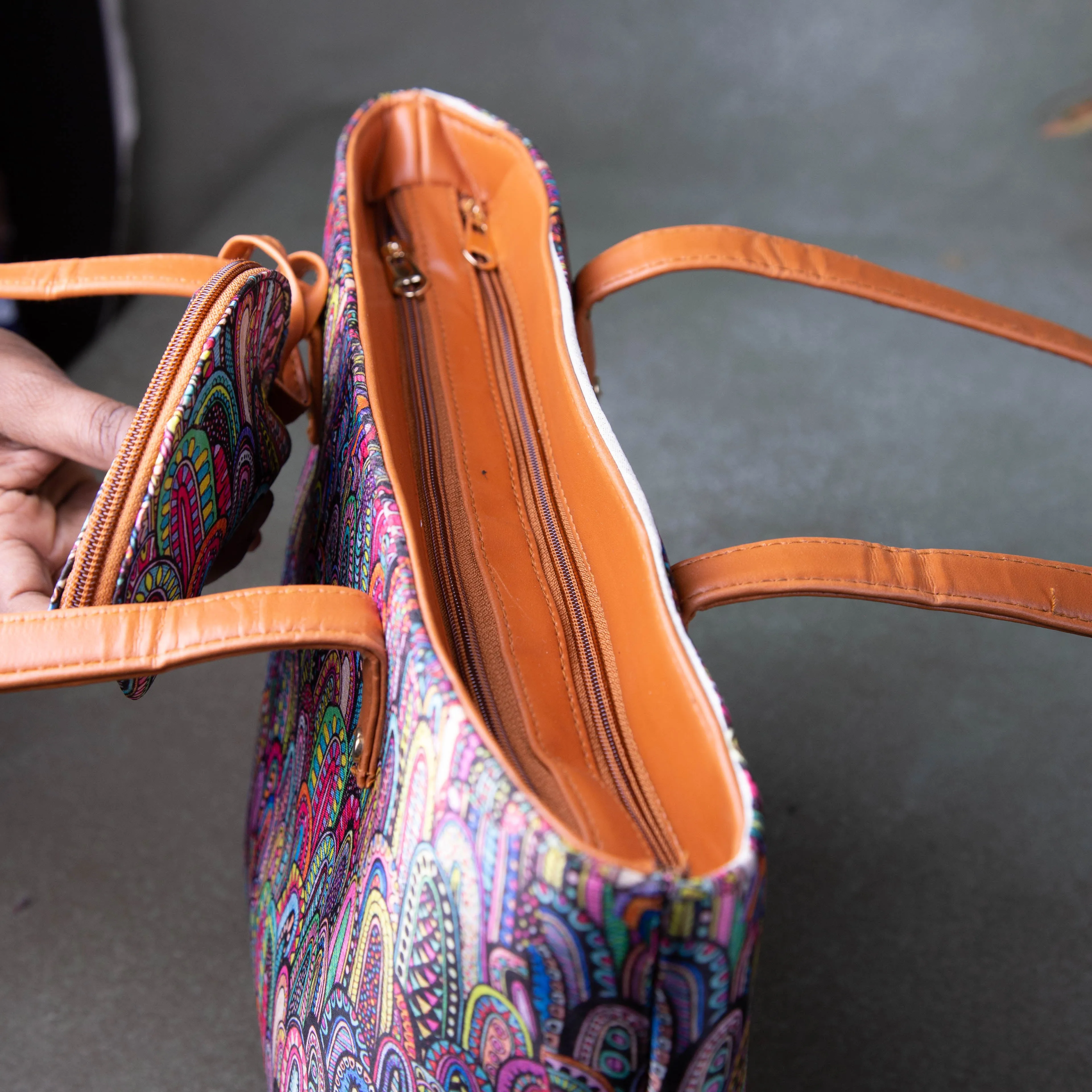 Double Zippered Tote Yellow Colour with Kalamkari Design.