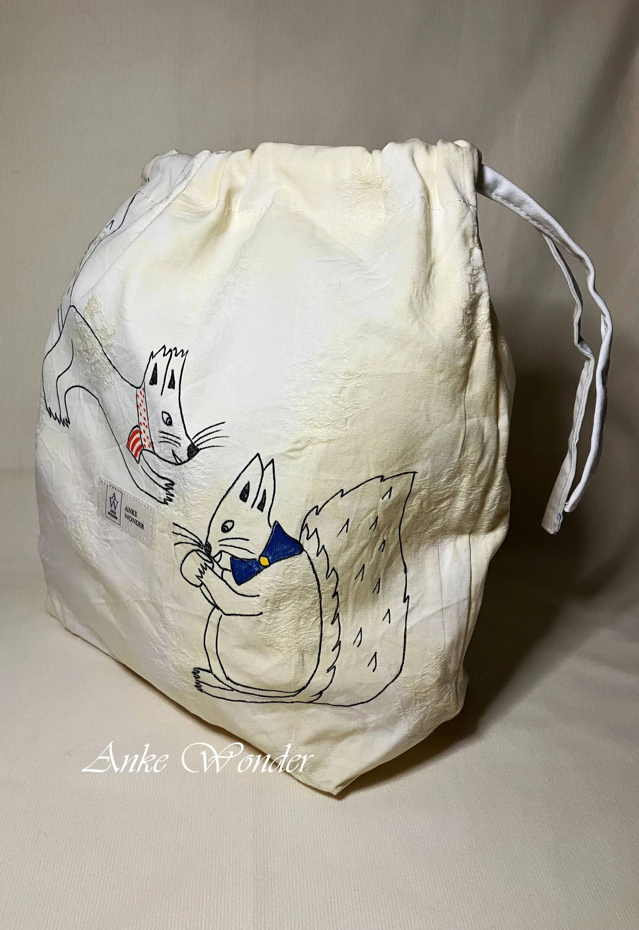 Hand-Painted Squirrels Drawstring Bag Naturally Dyed