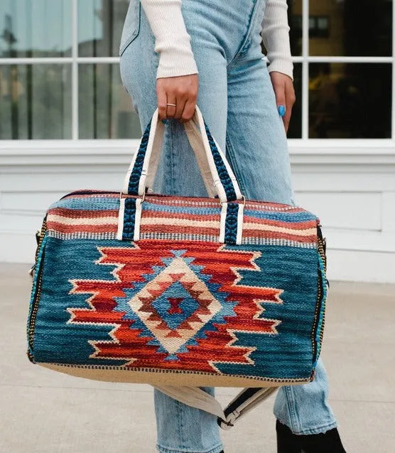 Handmade Ethnic carpet Bag weekender bag women Blue, rust & tan Aztec inspired duffel