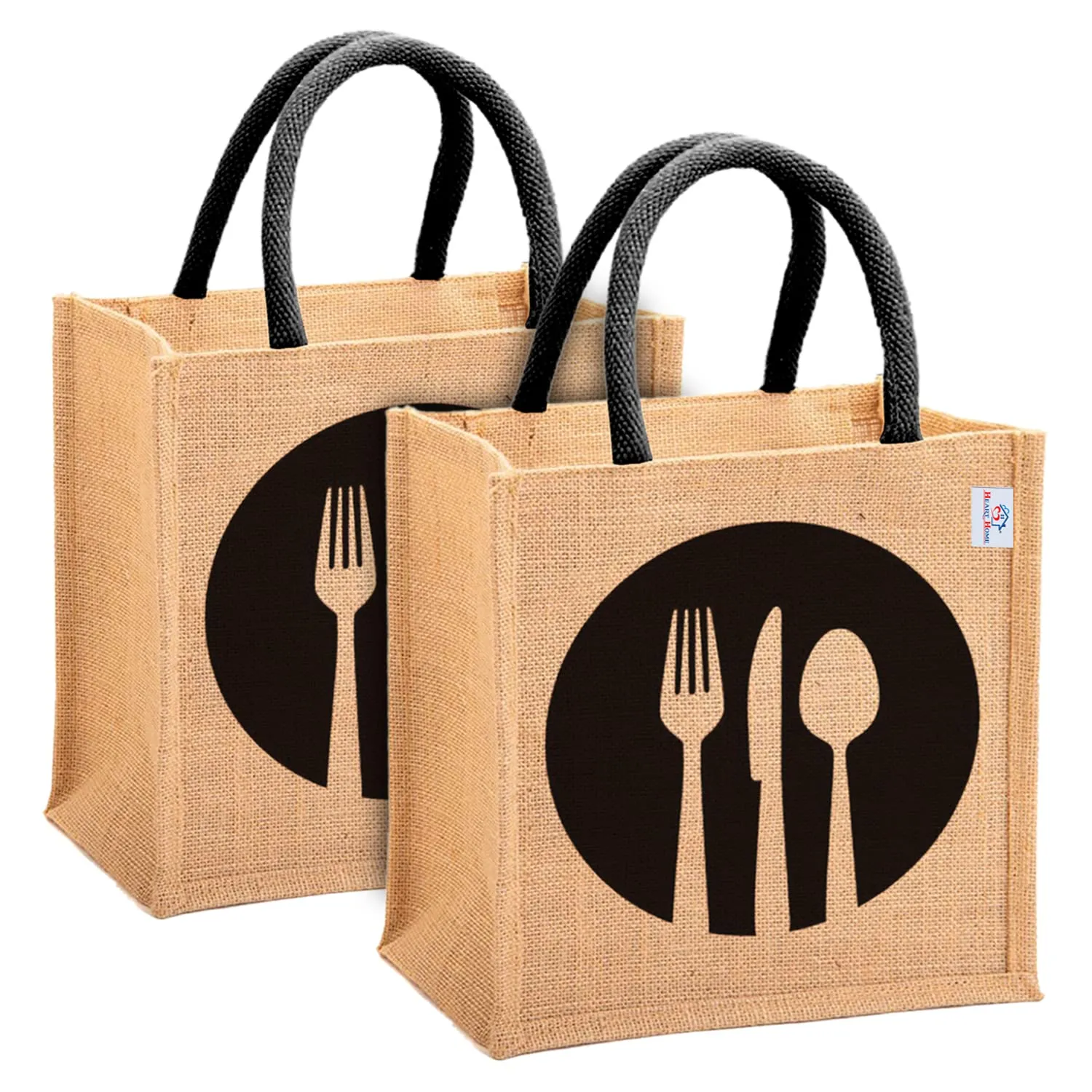 Heart Home Fork Knife Print Jute Reusable Eco-Friendly Hand Bag/Grocery Bag For Man, Woman With Handle Pack Of 2 (Black) 54HH4356.