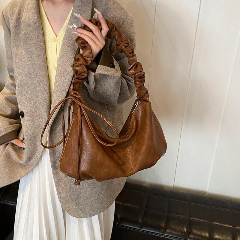 Shoulder Bags Soft Leather Women's Large Ruffle Strap Zipper Handbags