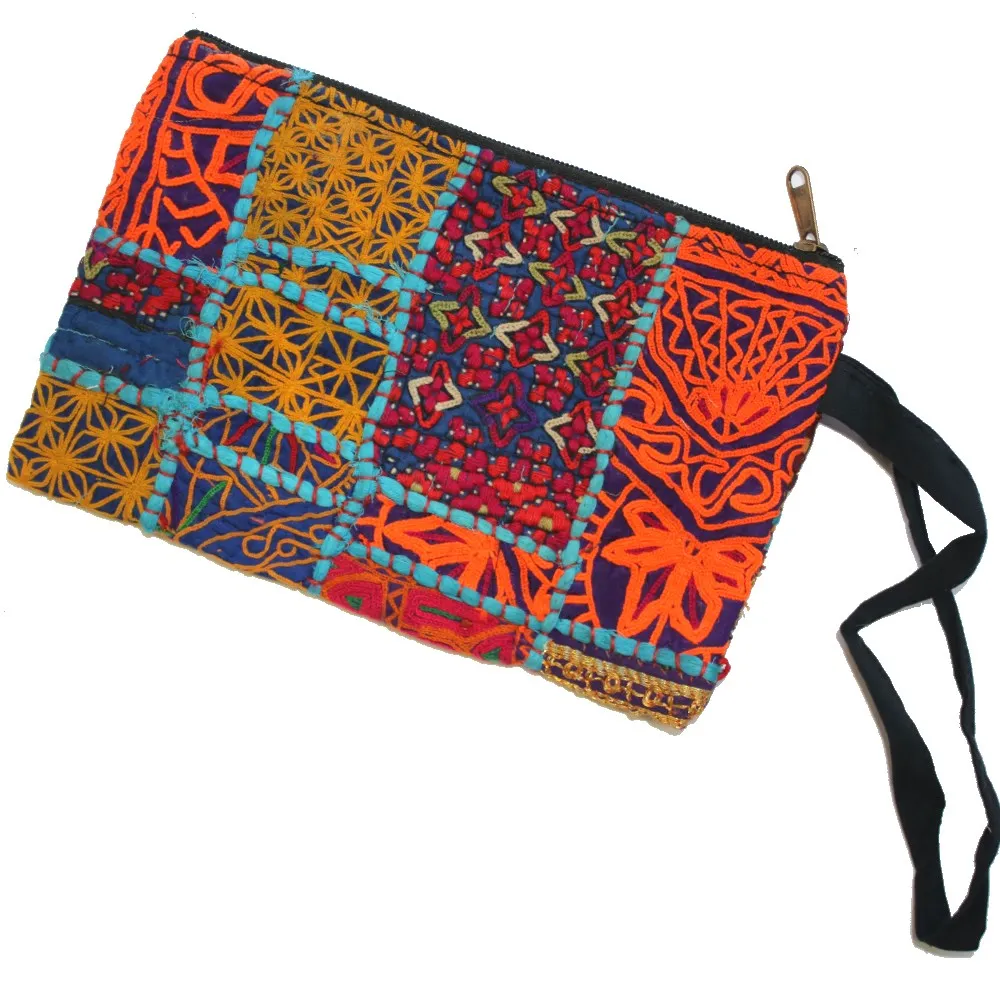 vintage Indian fabric zip clutch with strap