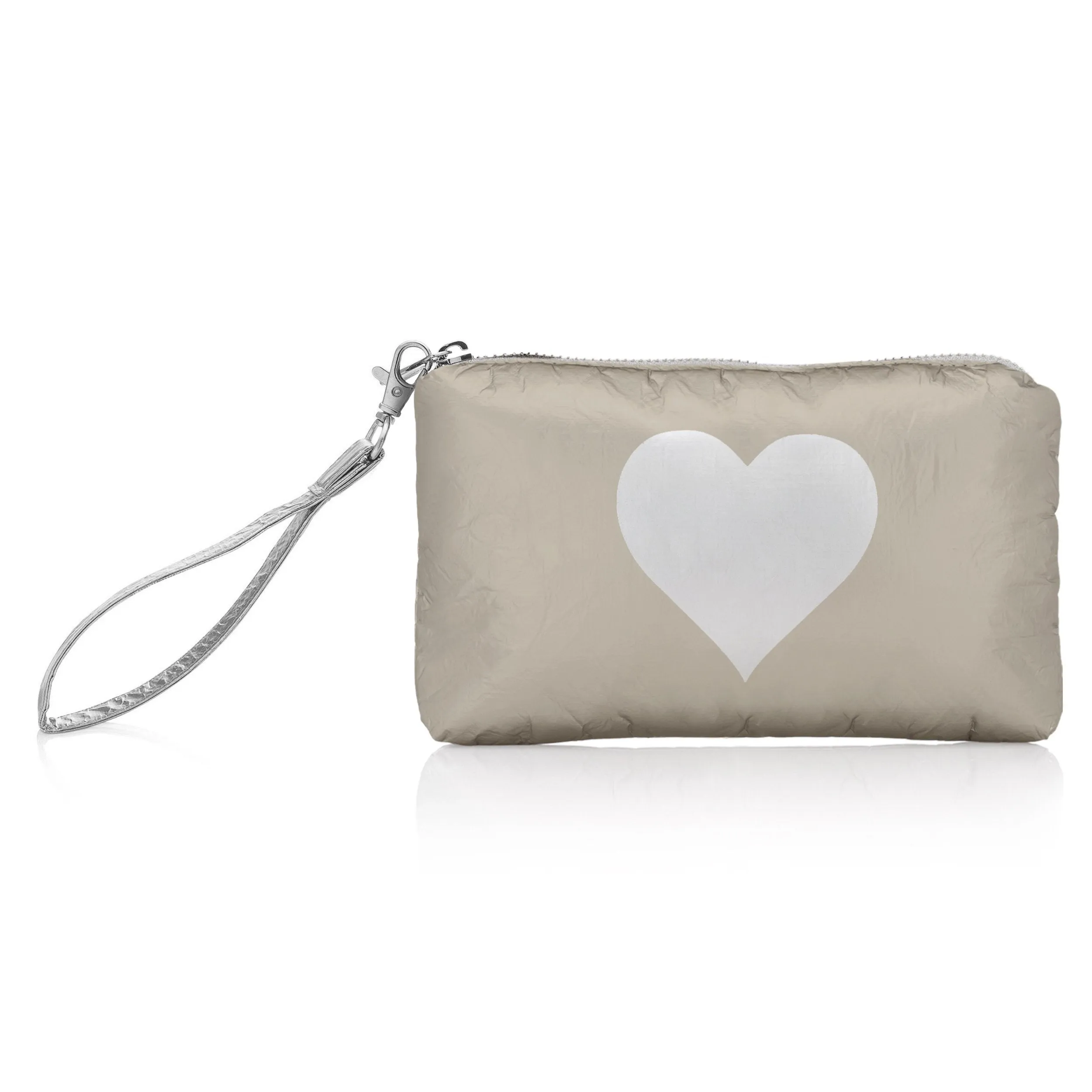 Zip Wristlet - Golden Shimmer Beige with Silver Heart